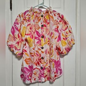 THML White Pink Orange Yellow Floral Button-Front Puff Sleeve Blouse